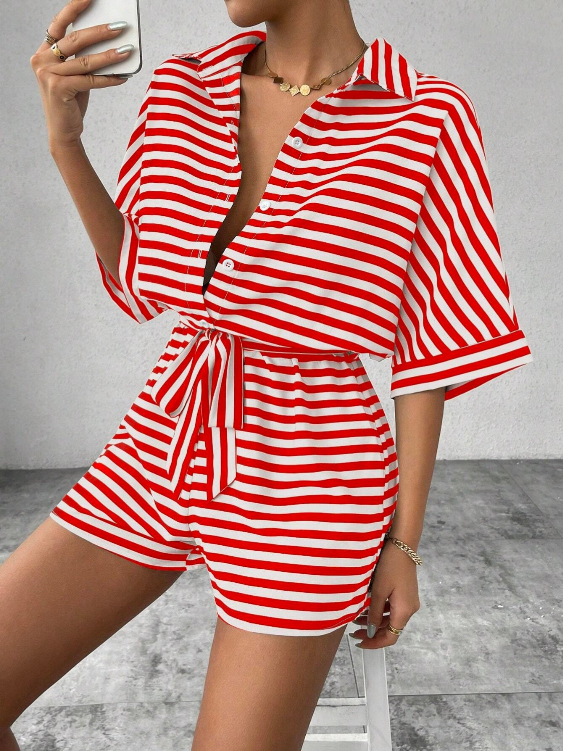 Striped Romper - Tie Waist