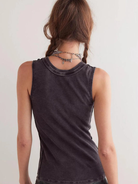 Snap Down Round Neck Ribbed Slim Tank Vest