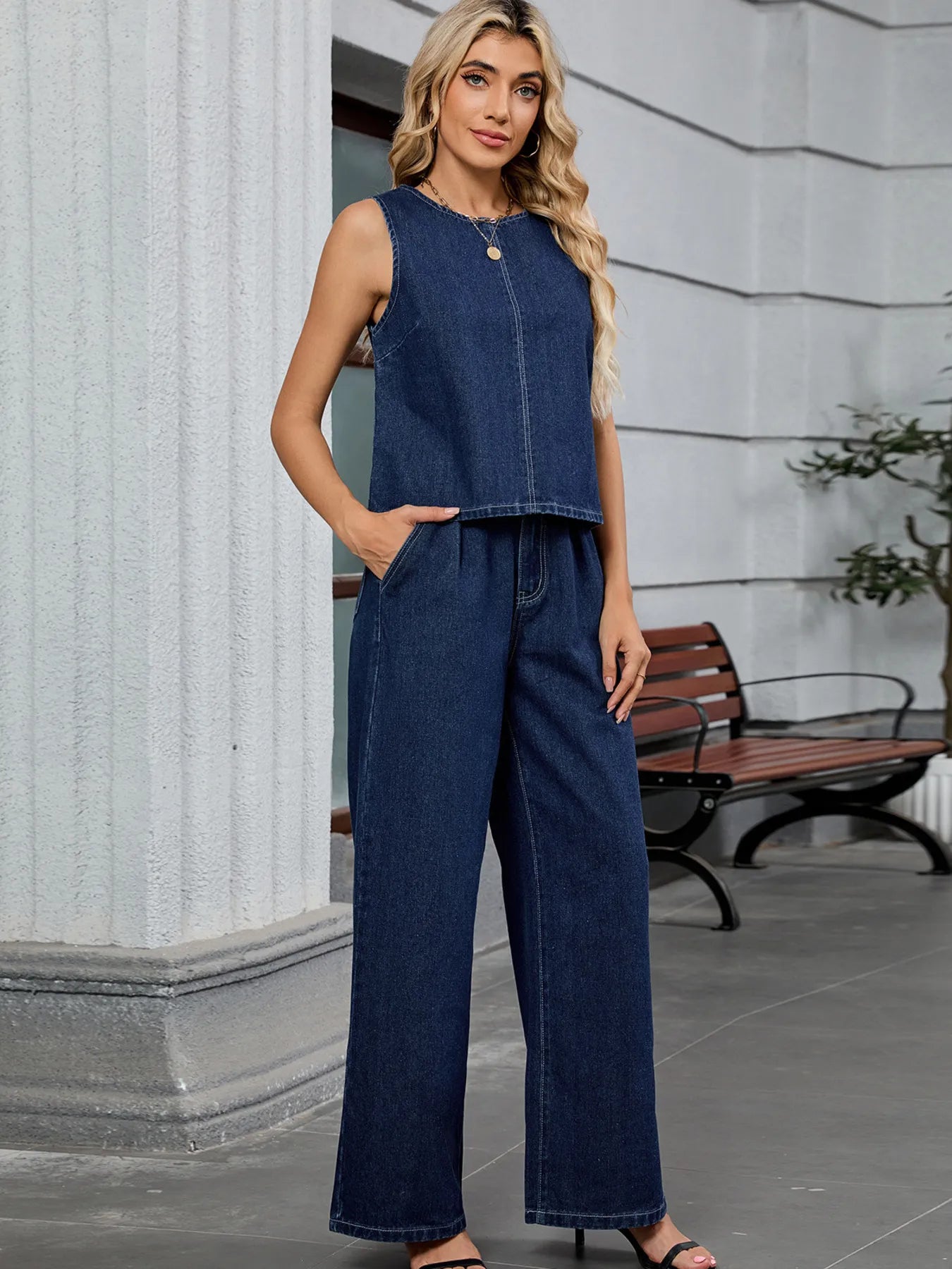 Denim Dream Round Neck Tank & Pants Set