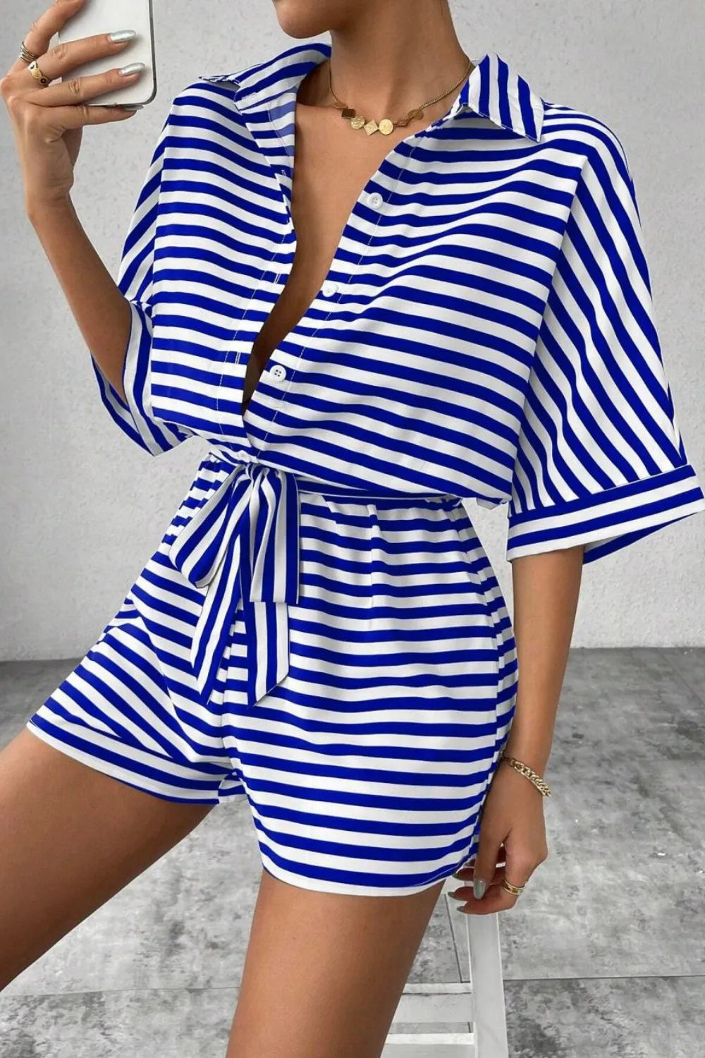 Striped Romper - Collared Tied Waist