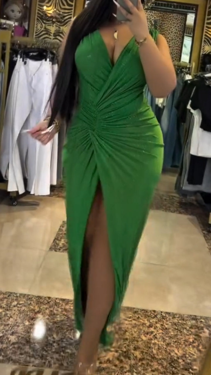 Ladies' V-neck Hot Pressed Diamond Waist Pleat Slit Temperament Casual Dress