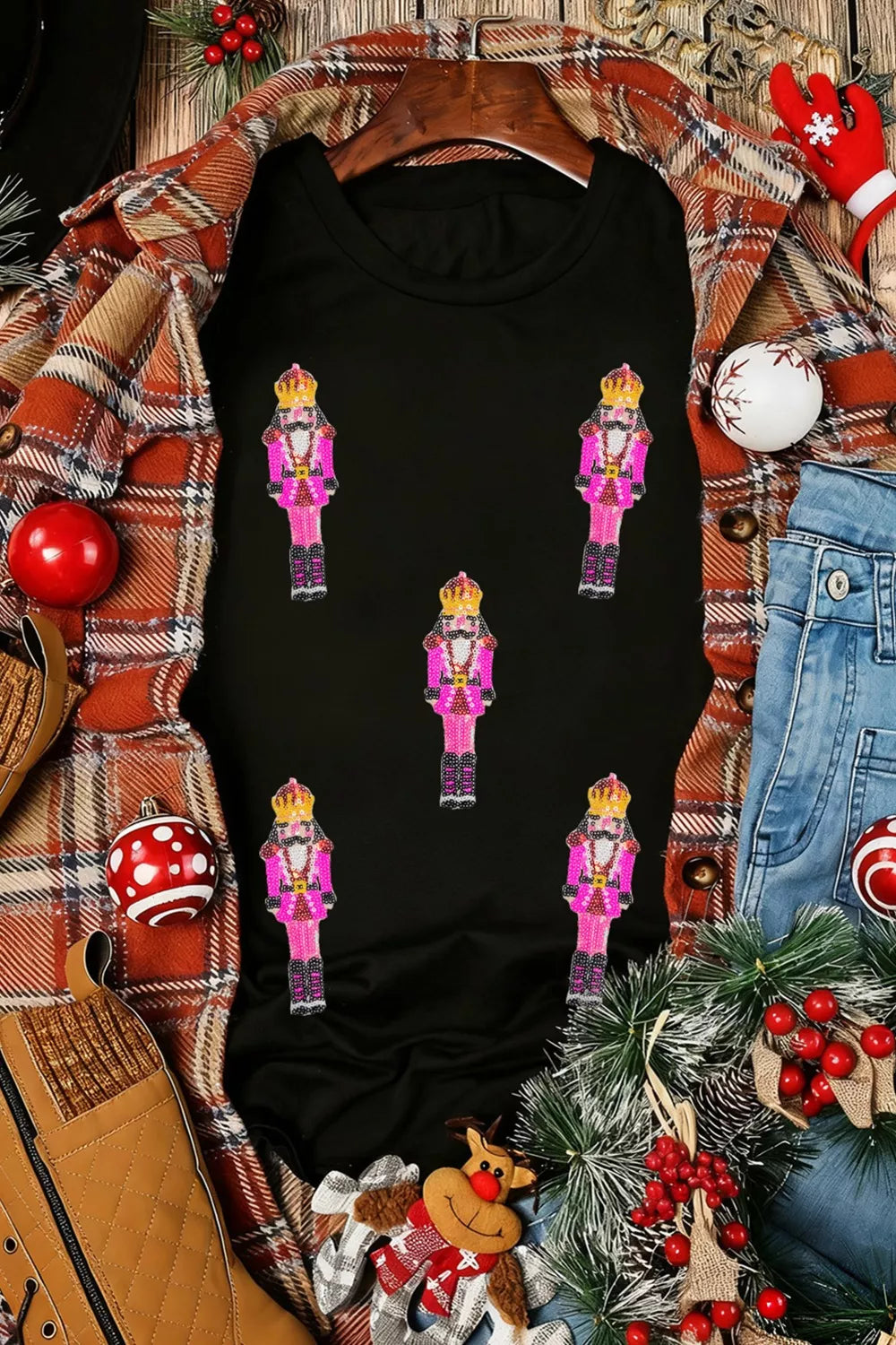 Sequin Patched Christmas Nutcracker Casual T Shirt