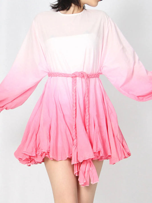 Pink and White Gradient Round Neck Balloon Sleeve Dress – Ombre Long Sleeve Mini Dress for Women