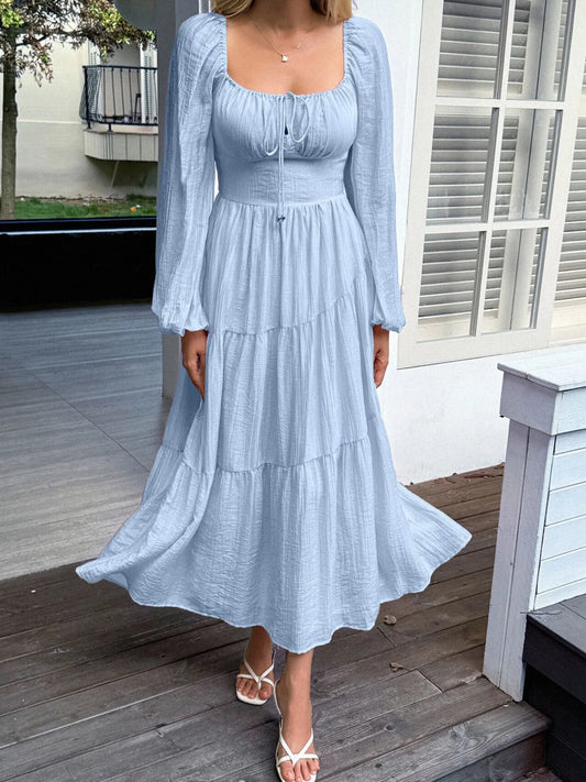 Tiered Balloon Sleeve Midi Dress – Elegant Long Sleeve Boho Dress for Women