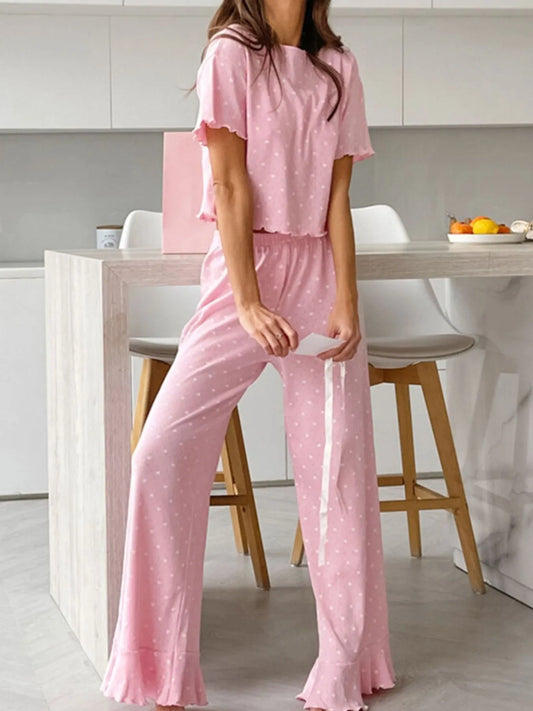 Sweet Pink Polka Dot Lounge Set – Soft Round Neck Top & Pants