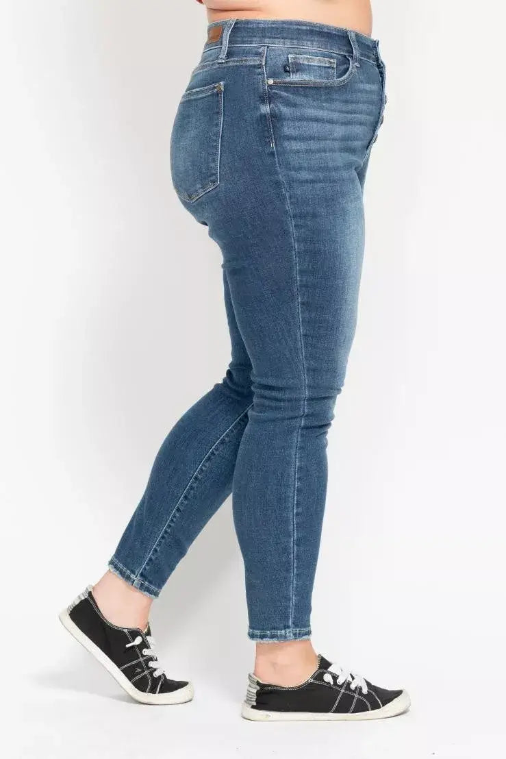 Dusty Dark Blue Full Size High Rise Button Fly Skinny Jeans Plus Size