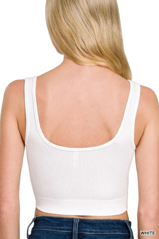 White Split Neck Bra Tank – Seamless Comfort