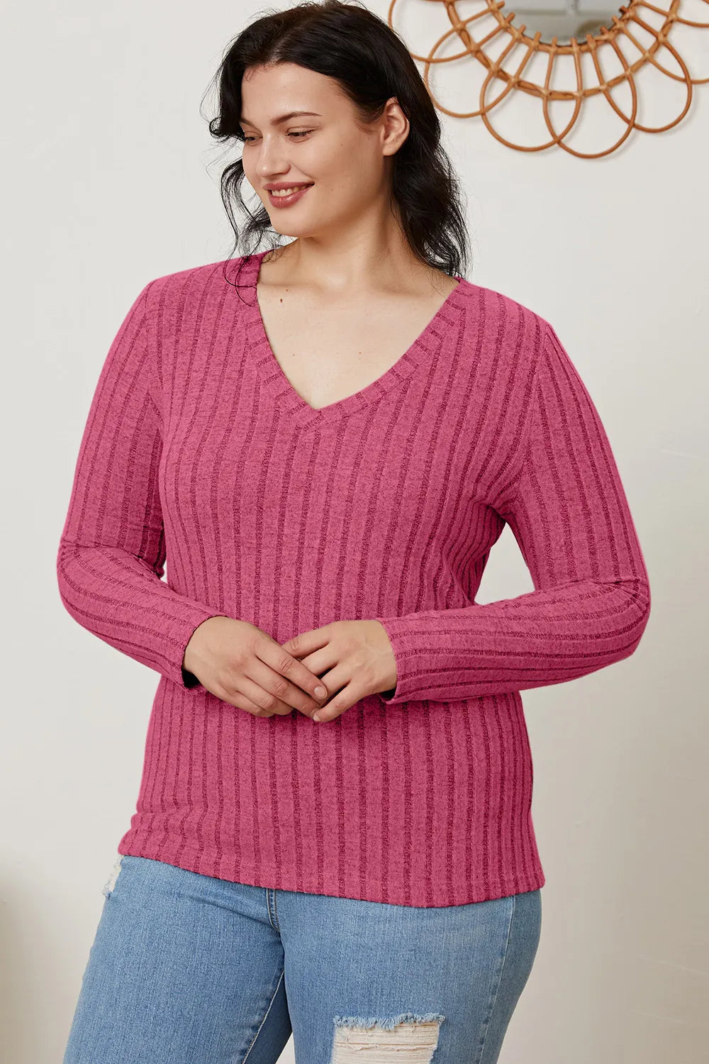 Comfy Ribbed V-Neck Long Sleeve Tee