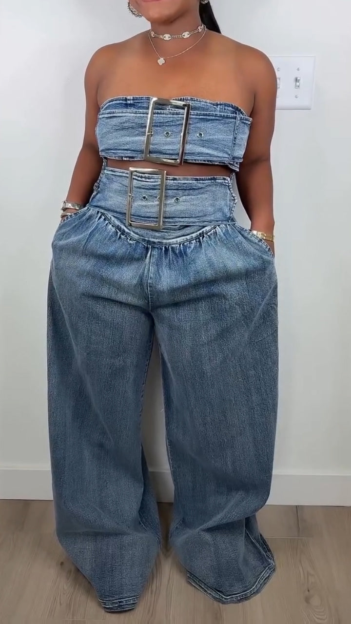 Ladies' Strapless Patchwork Big Metal Buckle Sexy Hot Girl Casual Set