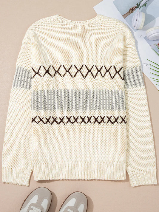 Contrast Stitch Detail V Neck Drop Shoulder Sweater