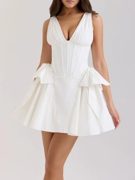 Bow V-Neck Sleeveless Mini Dress – Flirty Party Dress