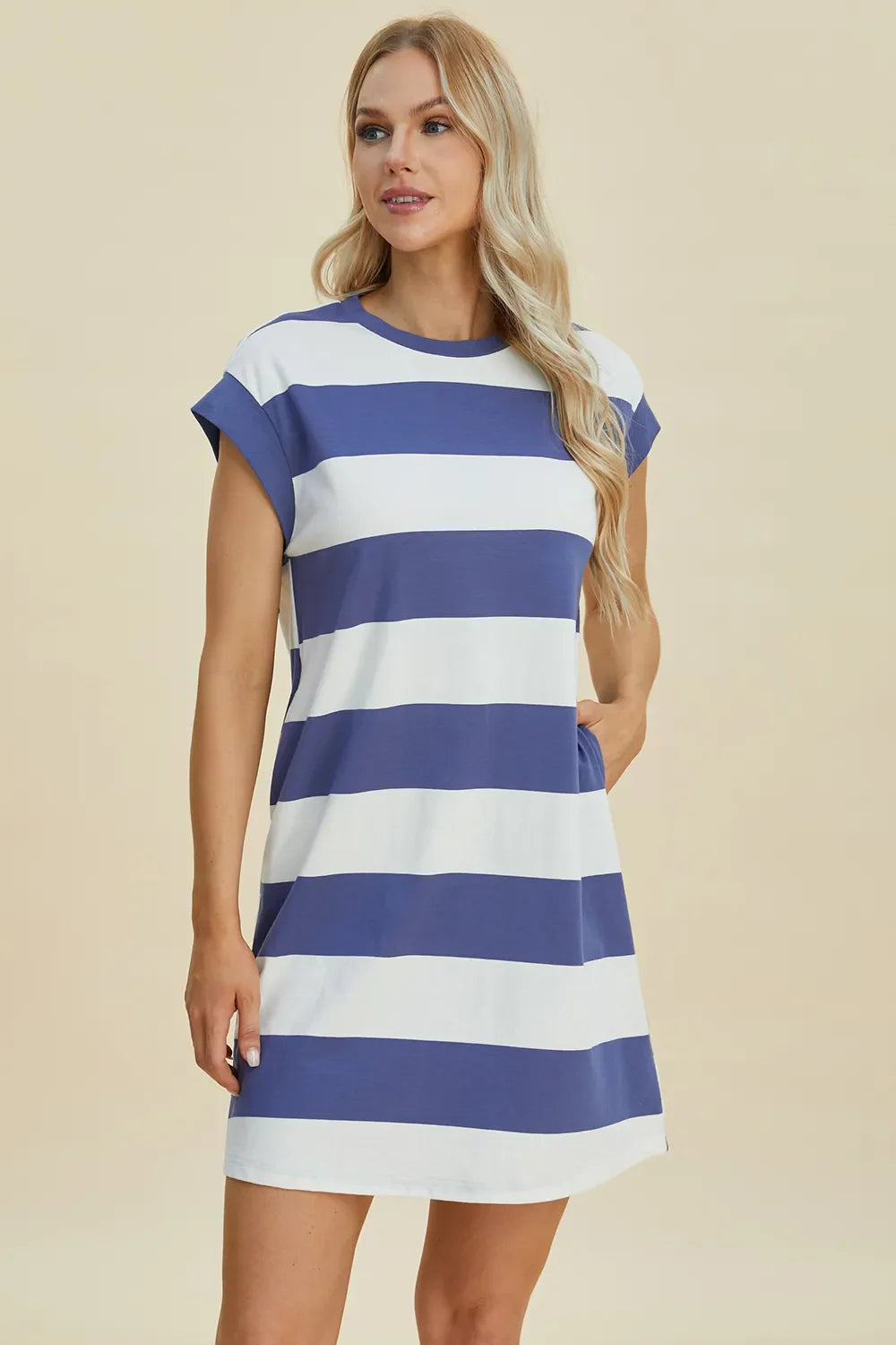 Striped Sleeve Mini Dress = Round Neck