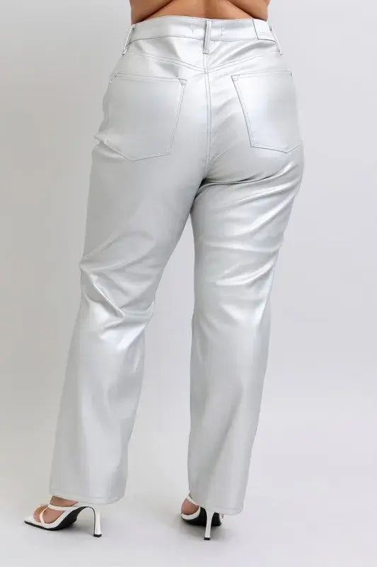 Silver Moon Full Size High Waist Silver Faux Leather Pants Plus Size
