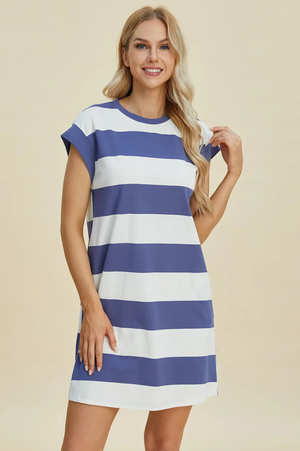 Striped Sleeve Mini Dress = Round Neck
