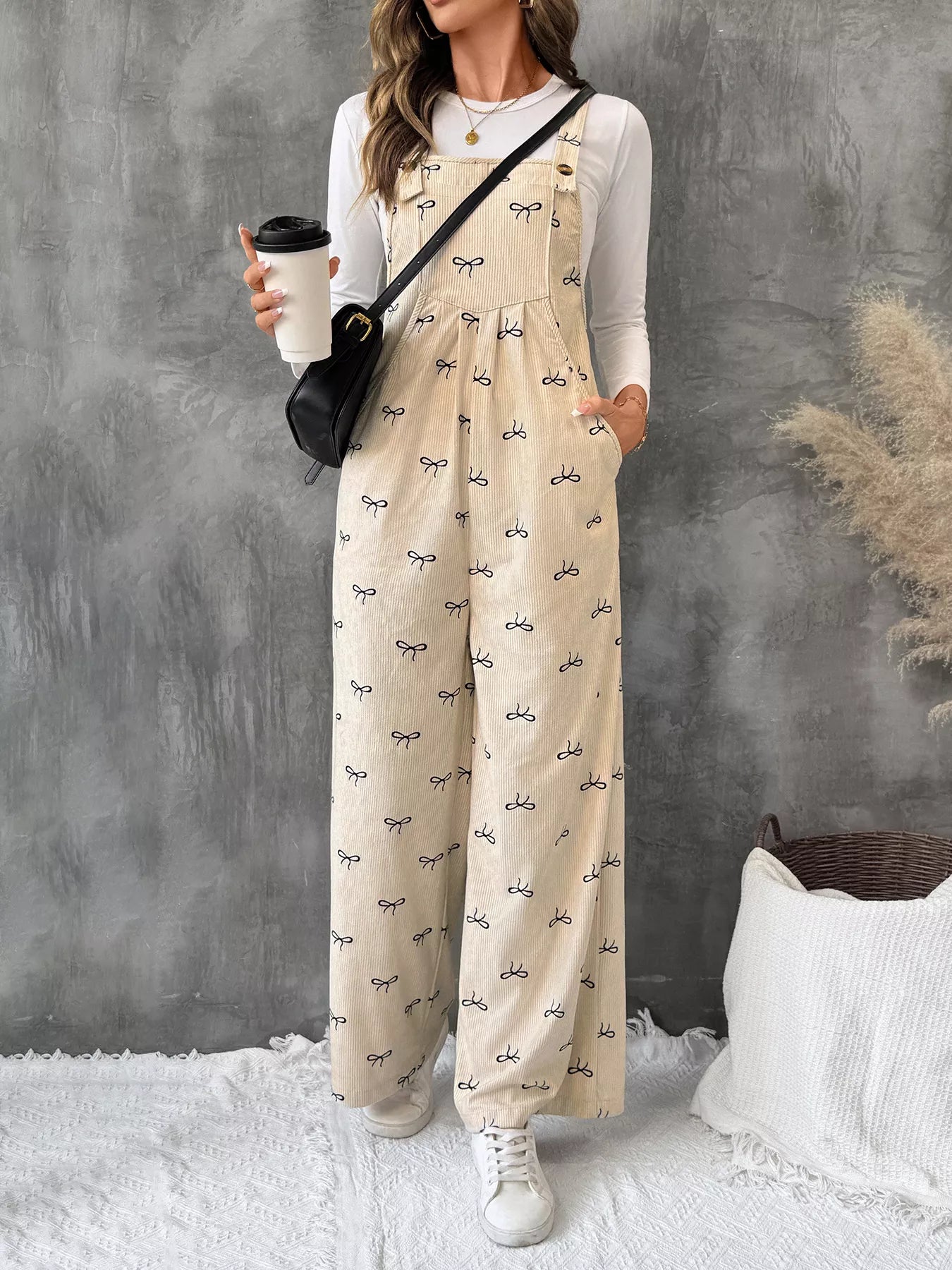 Women’s Bow Tie Wide Leg Corduroy Overalls – Trendy High Waist Loose Fit Jumpsuit
