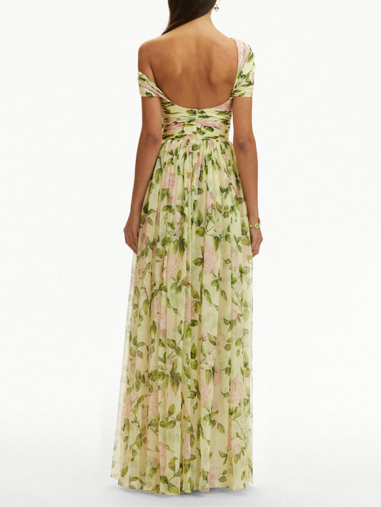 Floral Skew Collar Chiffon Maxi Dress