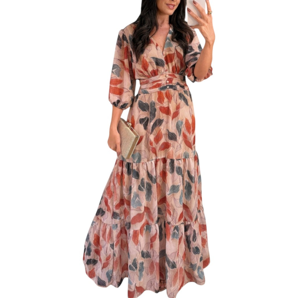 Aísha Long Floral Dress with Flowing Cut and Leaf Motif