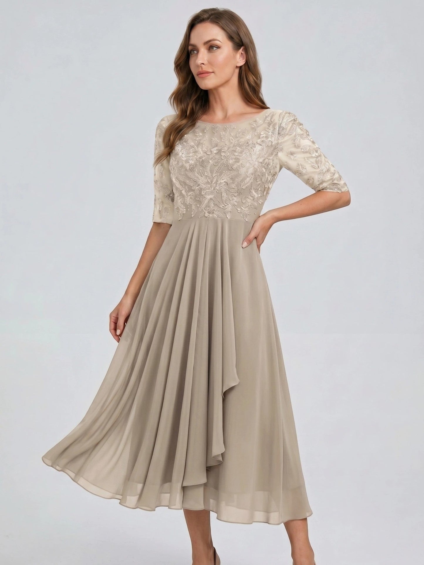 Juliette — Elegant Lace Midi Evening Dress With Flattering Flowing Skirt Beige