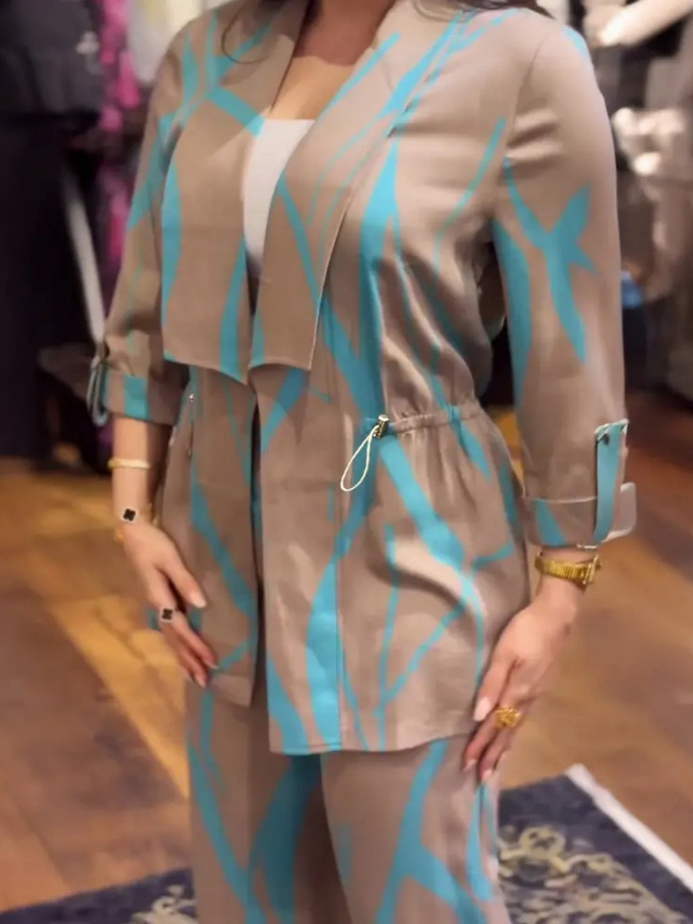 Abstract print rope waist loose two piece set