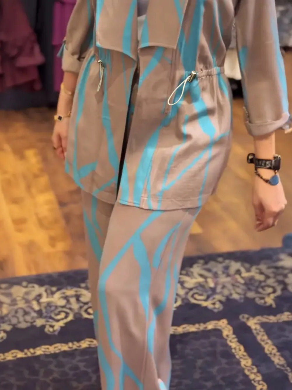 Abstract print rope waist loose two piece set