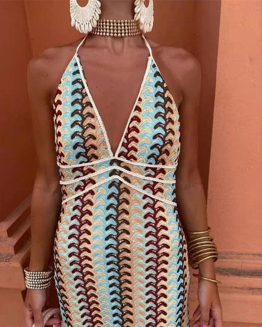 Charlotte - Elegant Halter Neck Striped Maxi Dress