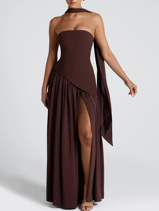 Strapless Slit Ribbon Maxi Dress