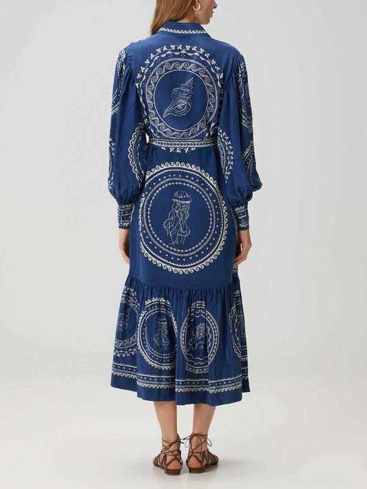 Exquisite Blue Ocean Print Lace-Up Single-Breasted Midi Dress