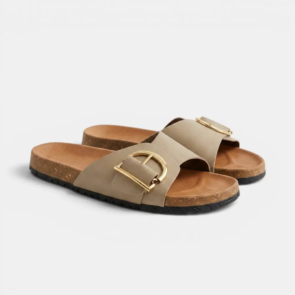 Buckleease — PU Buckled Mules With Chic Open Slip-On Everyday Comfort Design Khaki
