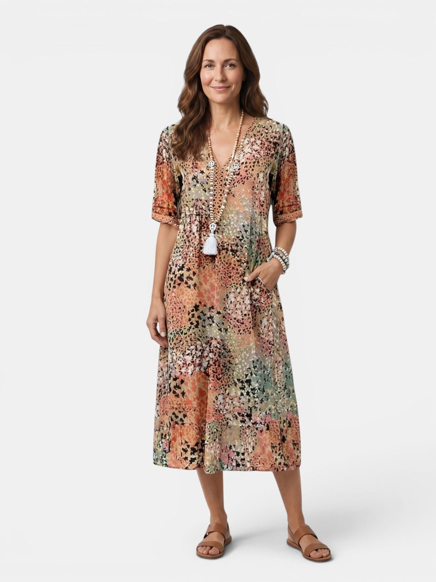 Esme — Colourful Printed Midi Dress With Relaxed Fit For Casual Wear Beige
