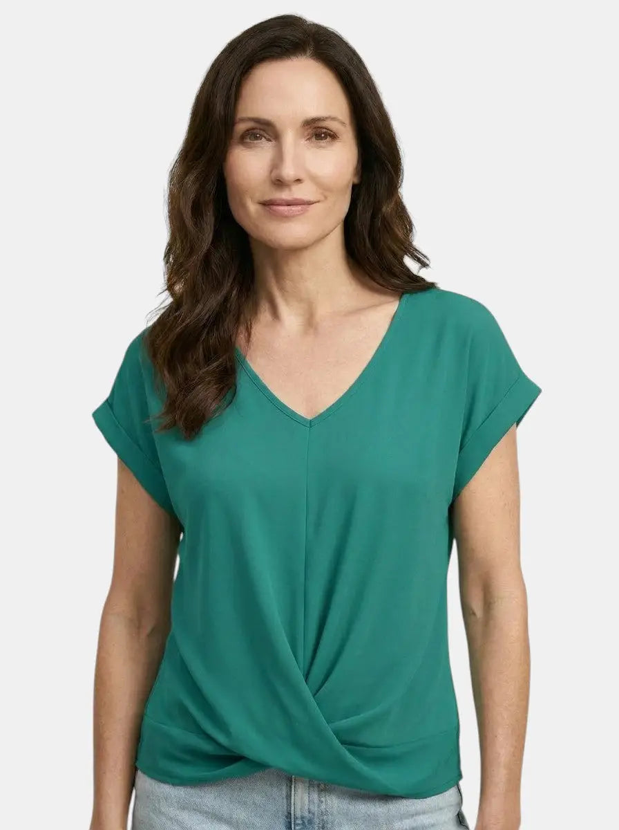 Vesper — Comfortable V-Neck Twist Front Top With Relaxed Short Sleeve Spring Style Green
