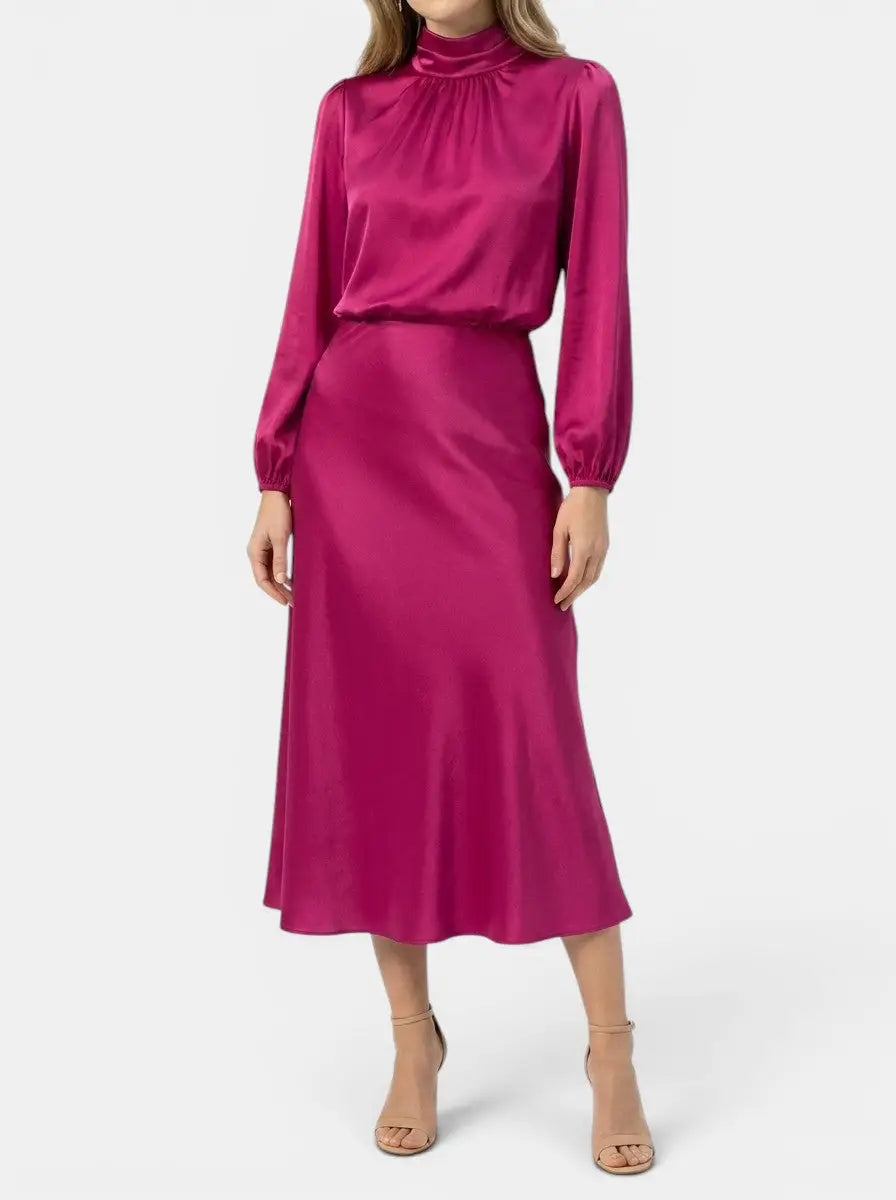 Marisol — Elegant High-Waist Midi Dress With Sophisticated Long Sleeve Formal Cocktail Design Hot Pink