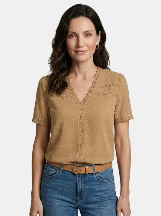 Theodora — Elegant Lace Blouse With Timeless Long Sleeve V-Neck Design Khaki