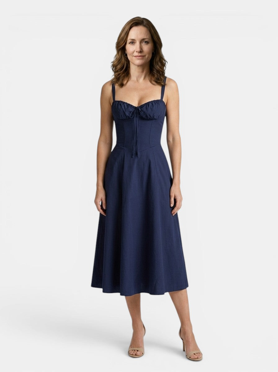 Marguerite — Floral Corset Midi Dress With Elegant Flowing Skirt Design Dark Blue