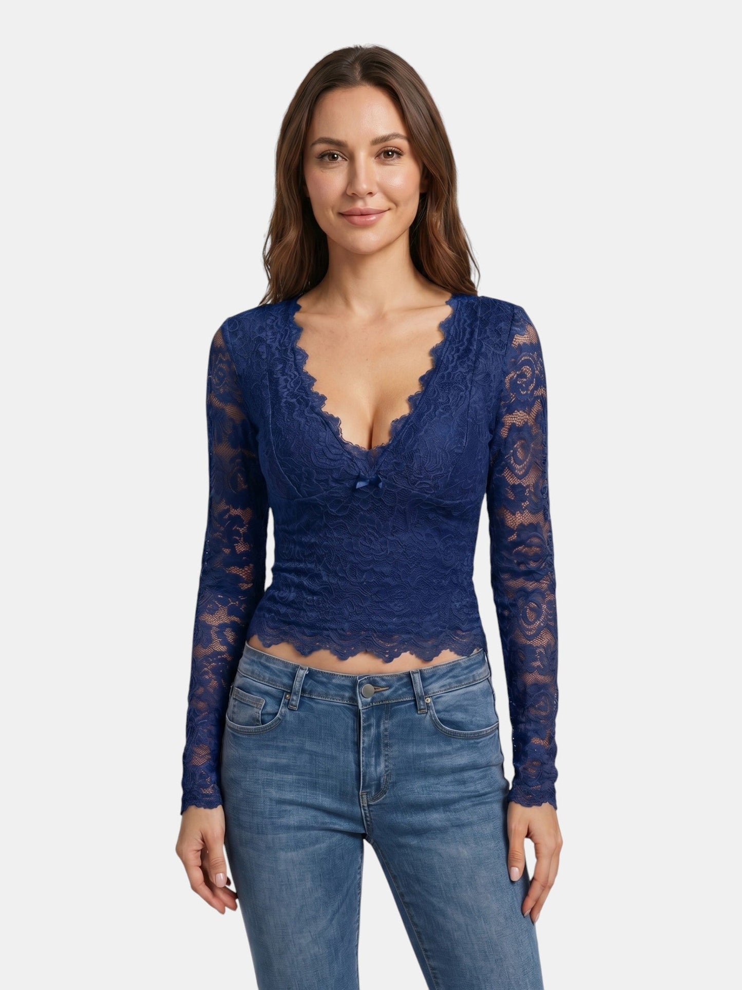 Scarlett — Floral Stretch Lace Crop Top With Elegant Sheer Scalloped Edges Navy Blue