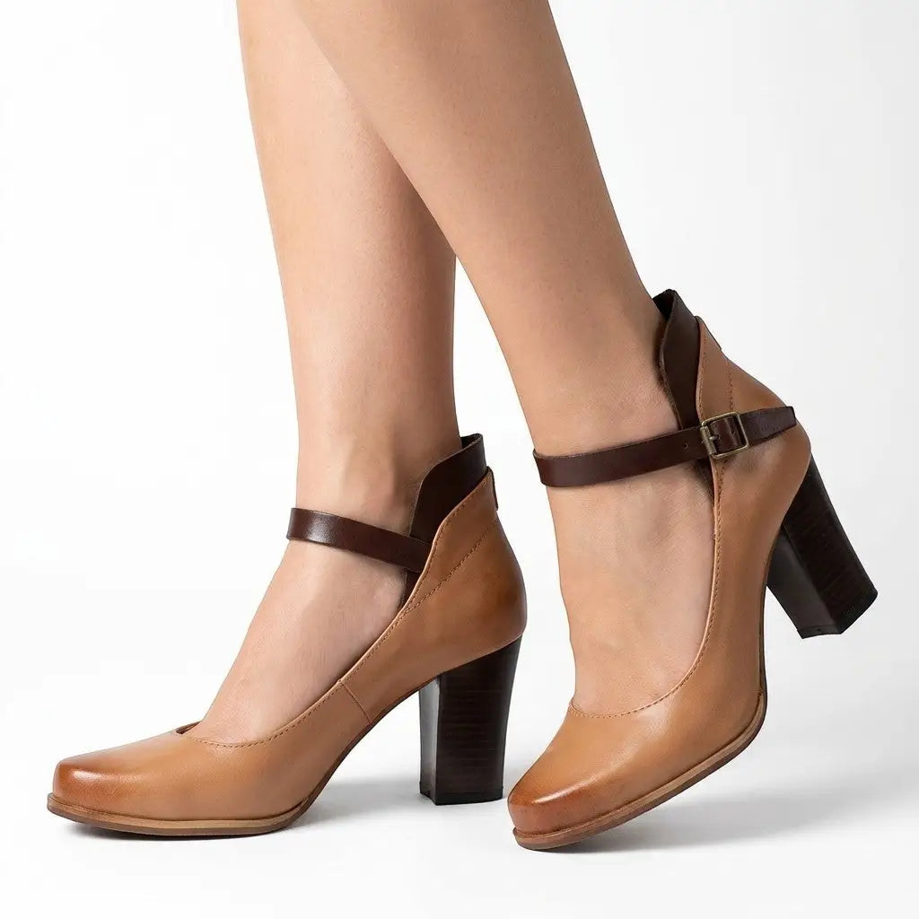 Strapelegance — Leather Heel Sandals With Elegant Adjustable Straps Summer Design Brown