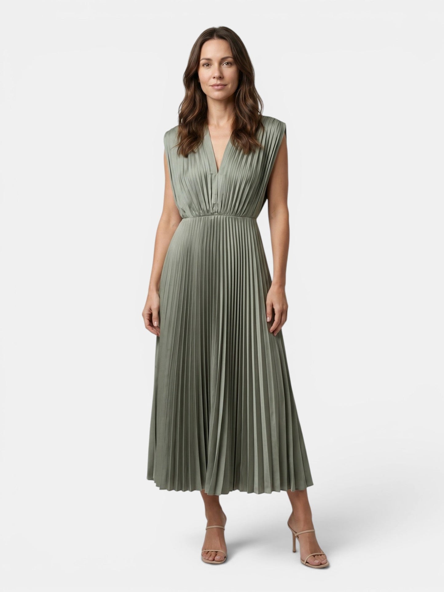 Demelza — Lightweight Pleated Maxi Dress With Elegant Draped V-Neck Design Grey