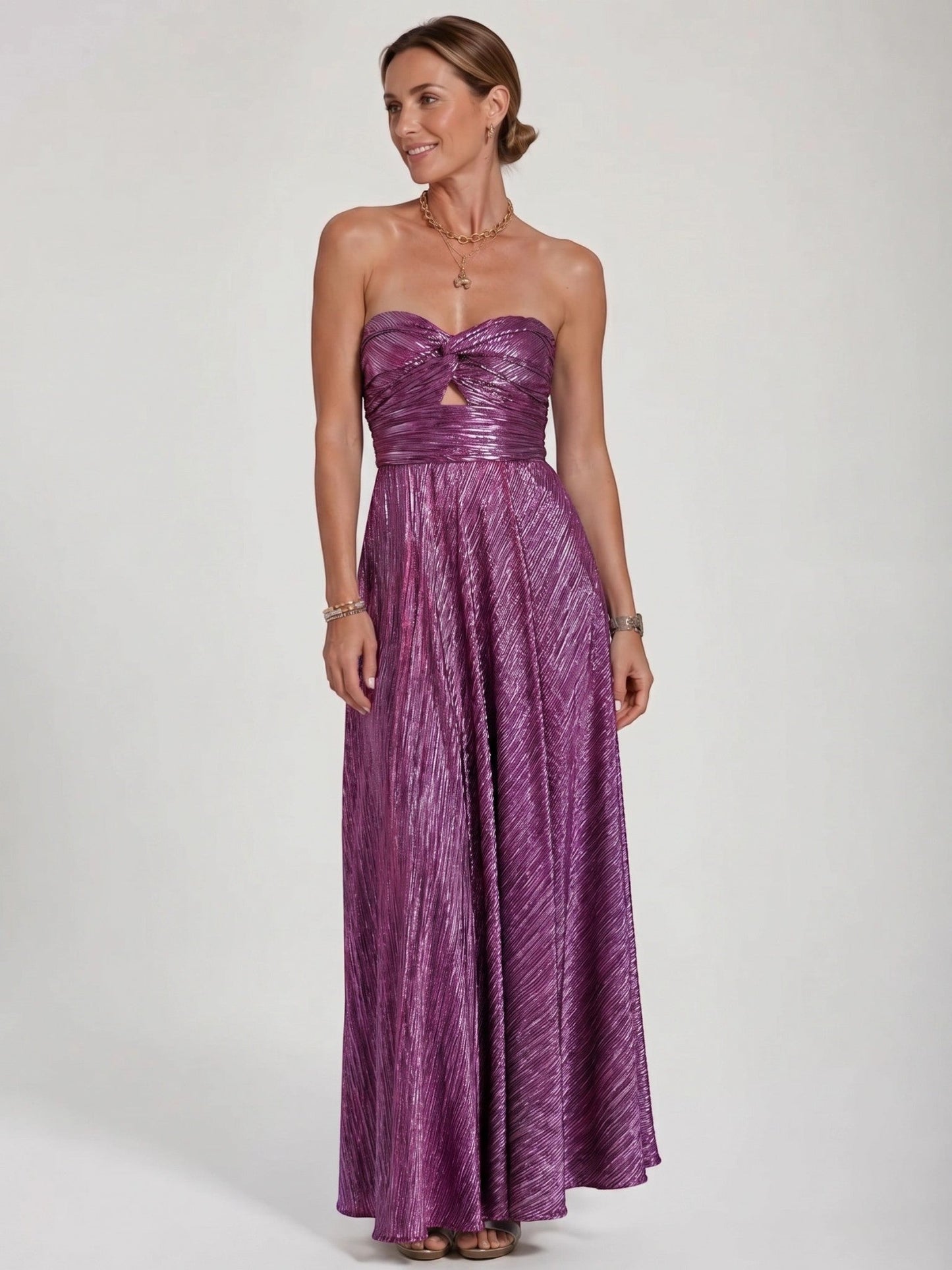 Anastasia — Shiny Fabric Maxi Dress With Elegant Strapless Pleated Evening Design Purple