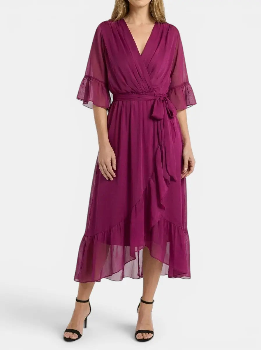 Marisia — Soft Fabric V-Neck Dress With Elegant Flattering Evening Design Dark Purple