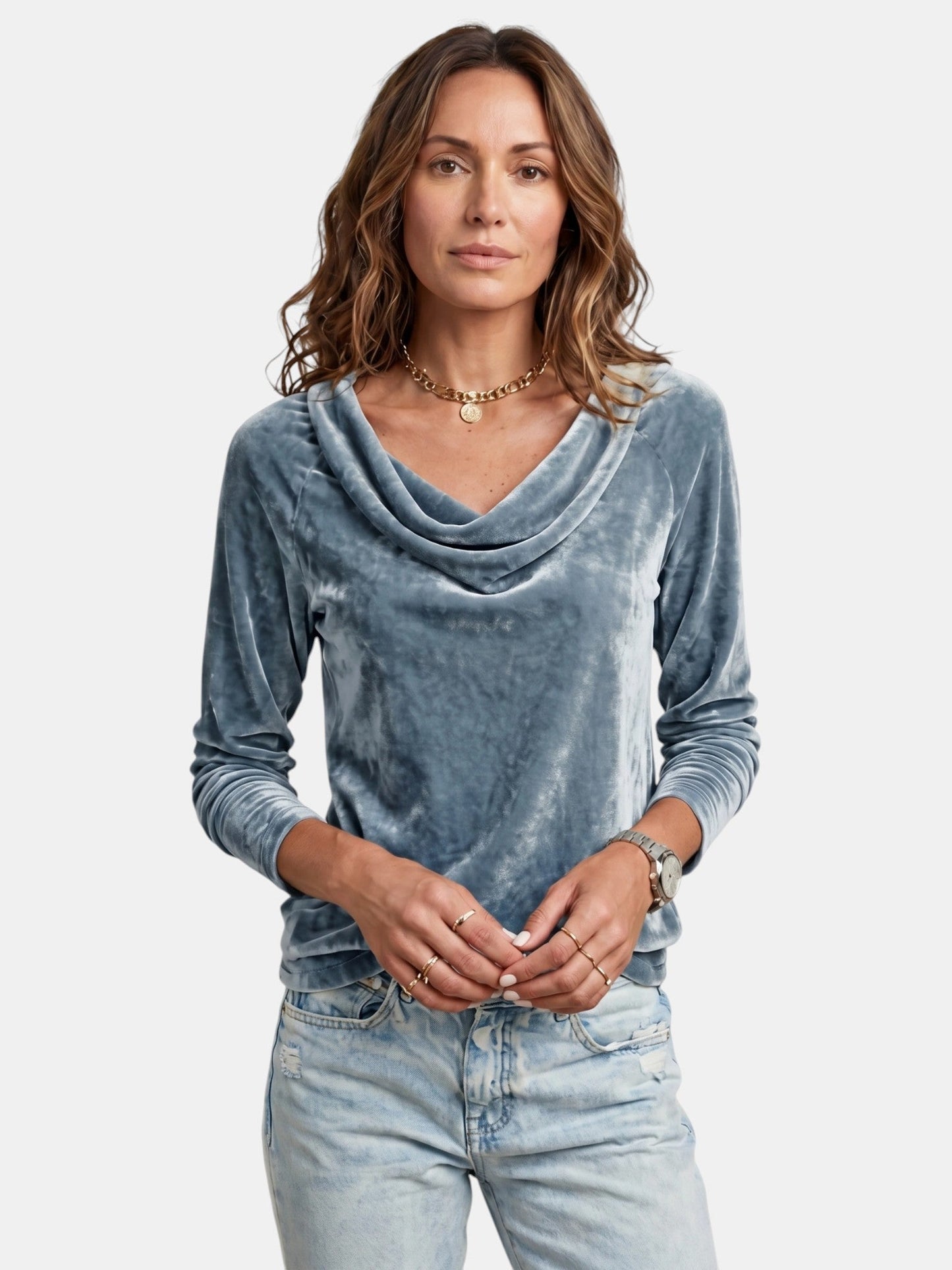 Velora — Soft Velor Blouse With Draped Neckline Long Sleeve Elegant Style Blue