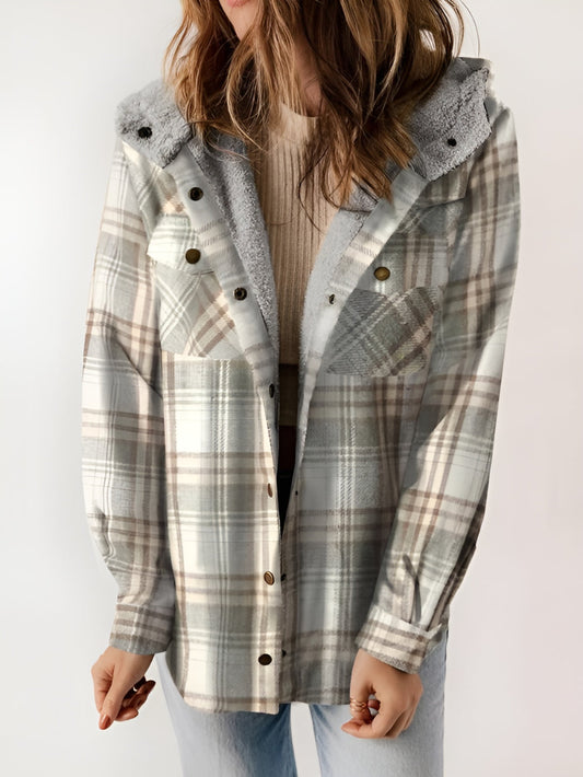 Plaid Fleece Lined Button Up Jacket Light Gray