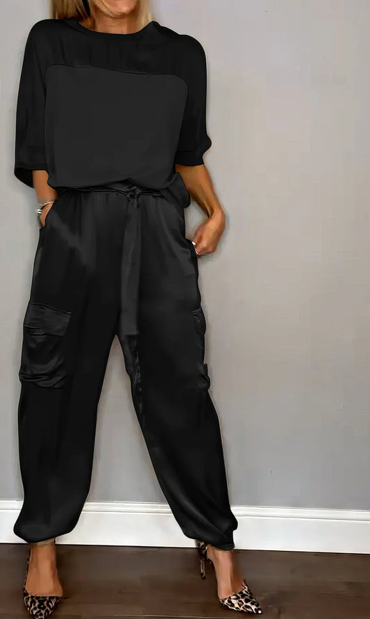 Hazel | Elegant Satin Two-piece Set Black