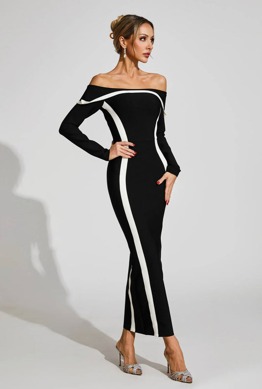 Off shoulder black&white maxi dress