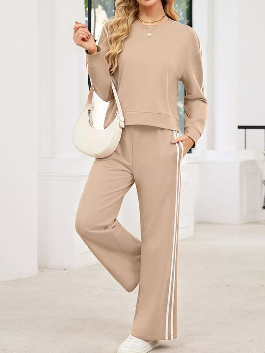 Striped Round Neck Sweatshirt and Pants Set
