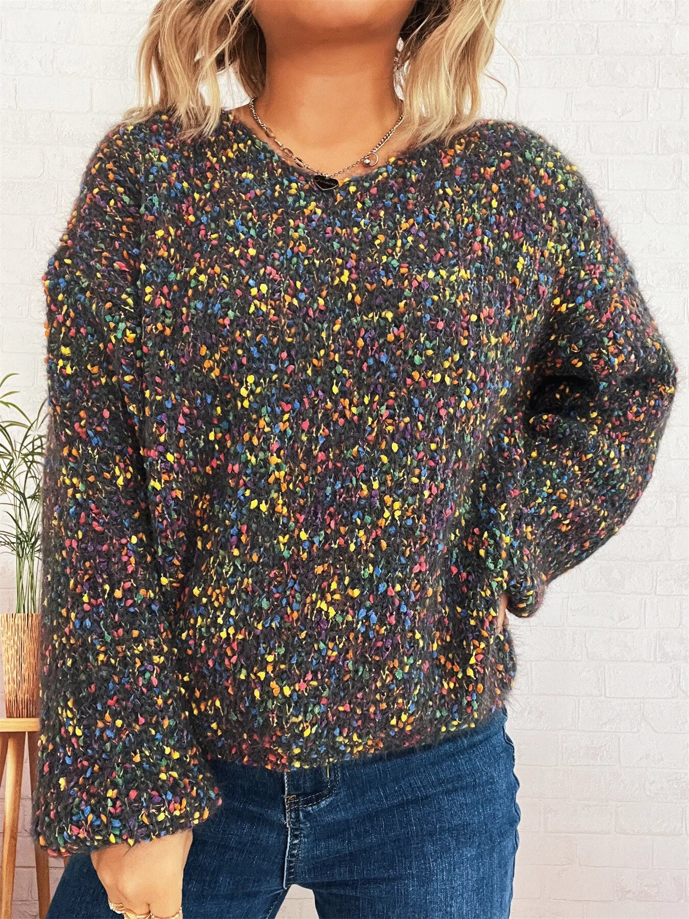 Women’s Colorful Long Sleeve Sweater – Vibrant Knit Pullover for Fall & Winter