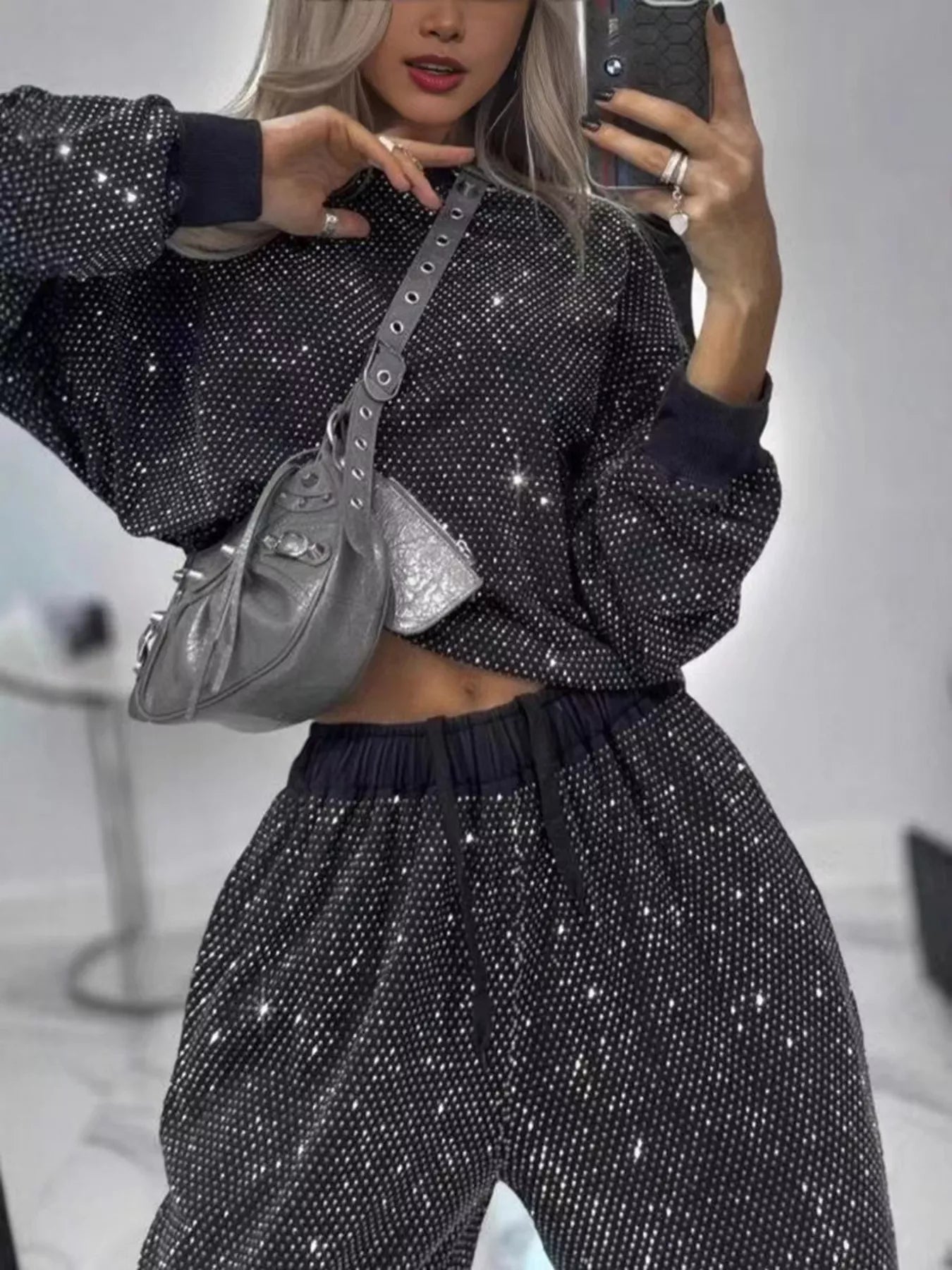 Rhinestone Long Sleeve Top and Pants Set