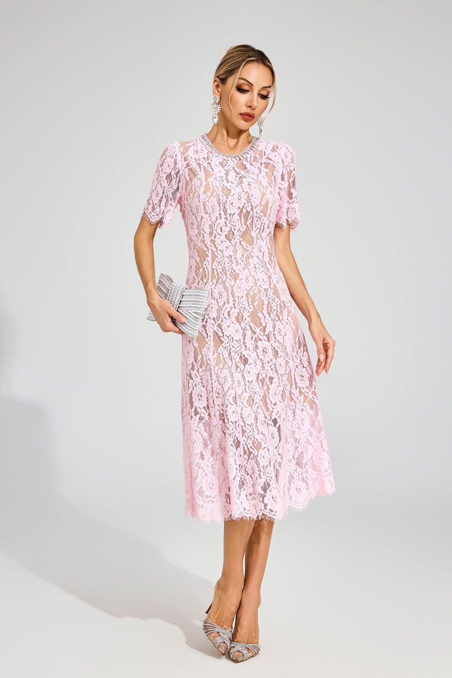 Jolie Sheer Pink Lace Midi Dress