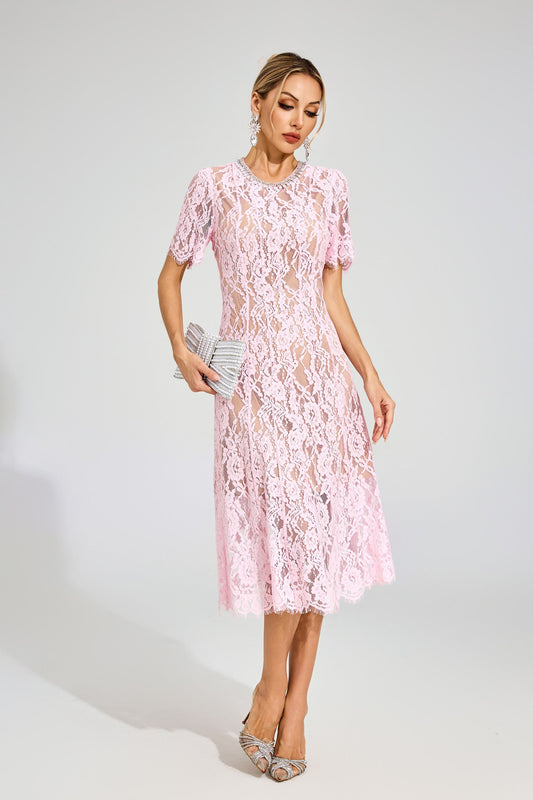 Jolie Sheer Pink Lace Midi Dress