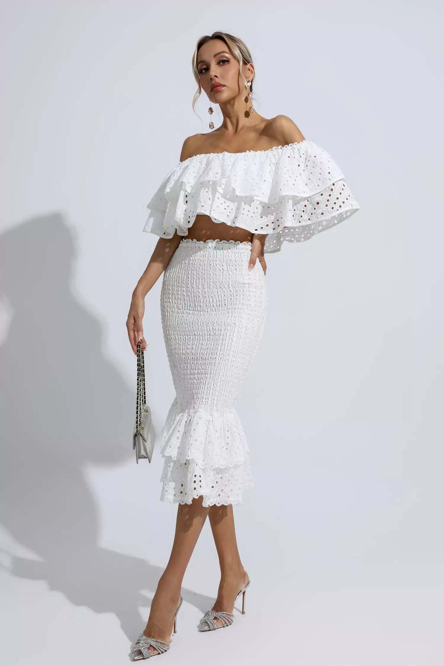 Winnie off shoulder ruffle set-White