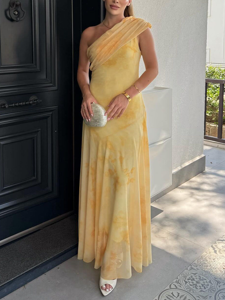 Tie-Dye Mesh Print One-Shoulder Sleeve Maxi Dress Yellow