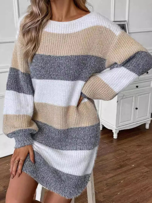 Color Block Long Sleeve Sweater Dress – Cozy Knit Fall Mini Dress
